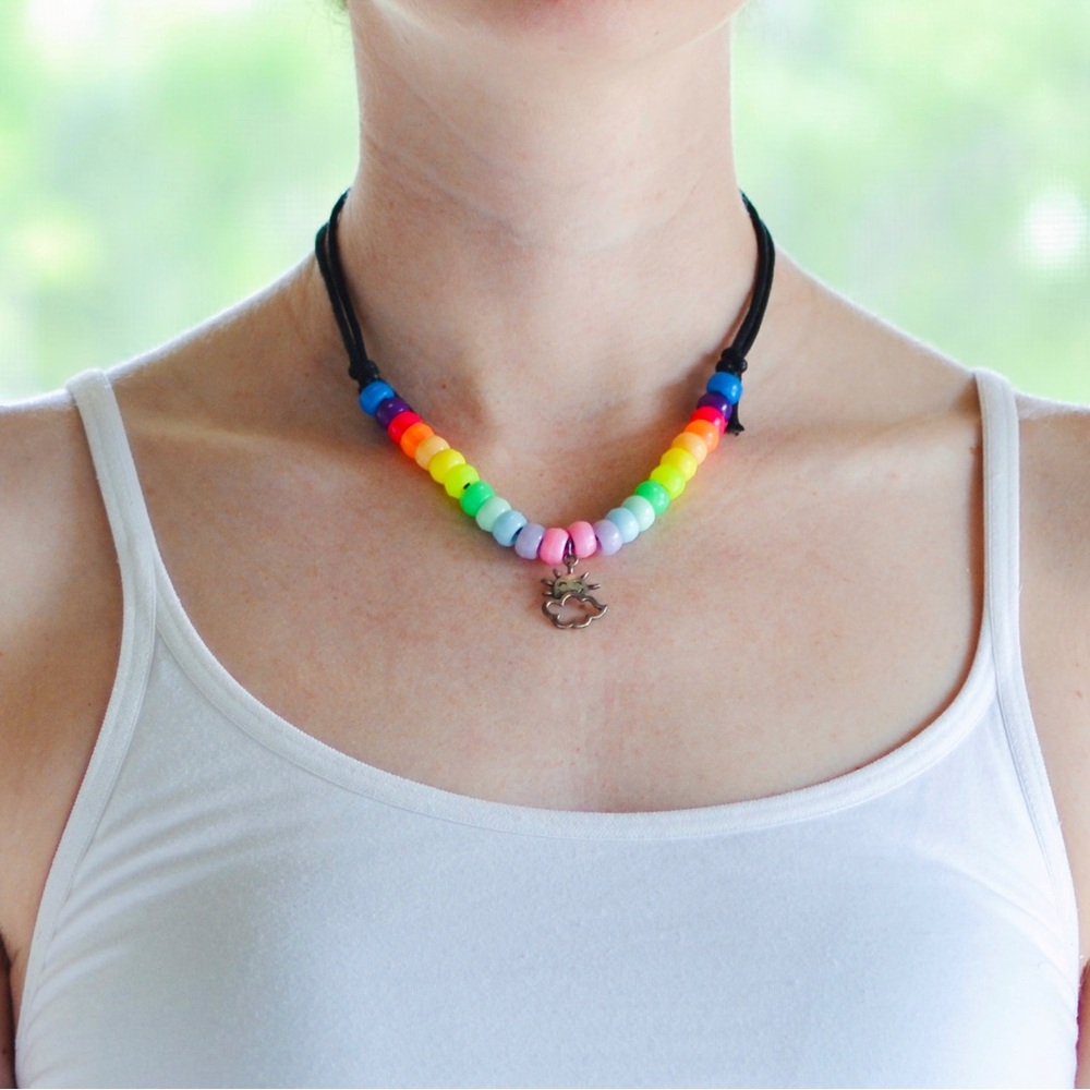 Handmade Kandi Necklace Adjustable Rainbow Pony Beads Smiling Sun Cloud Pendant